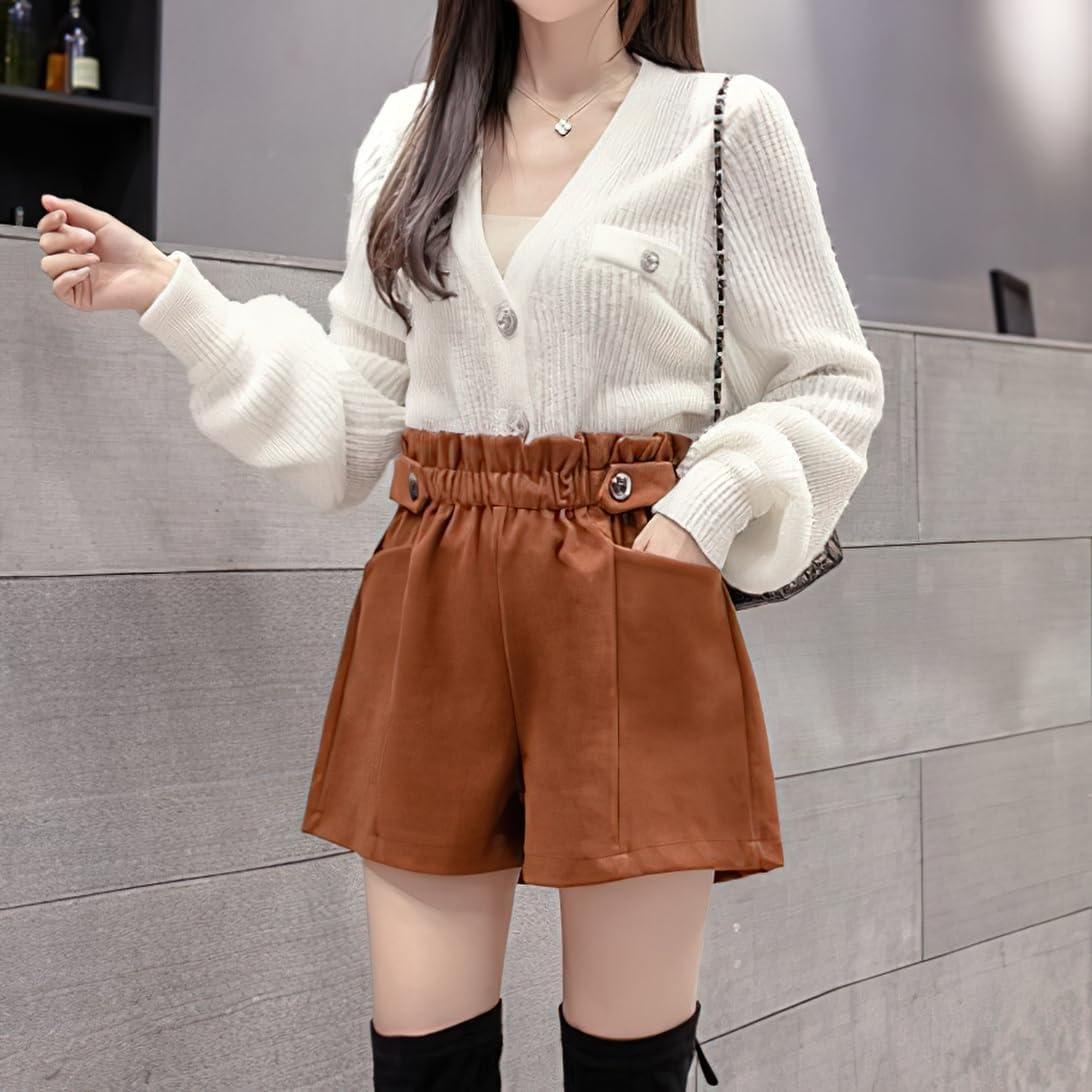 imagechouyatou Womens Fall Winter Cute Elastic High Waisted Ruffle Pleated Wool Wide Leg Shorts with PocketsBrown
