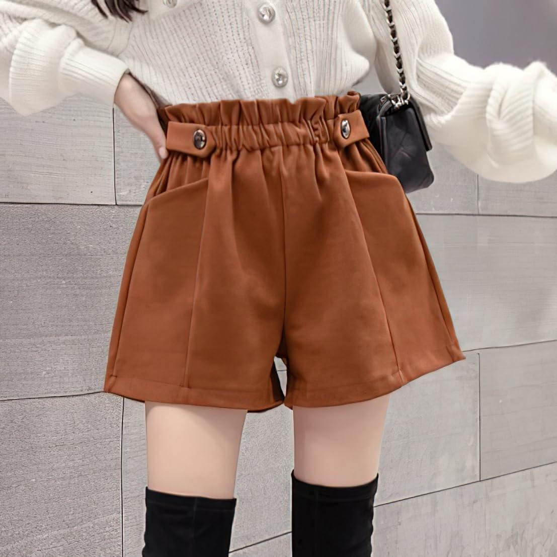 imagechouyatou Womens Fall Winter Cute Elastic High Waisted Ruffle Pleated Wool Wide Leg Shorts with PocketsBrown