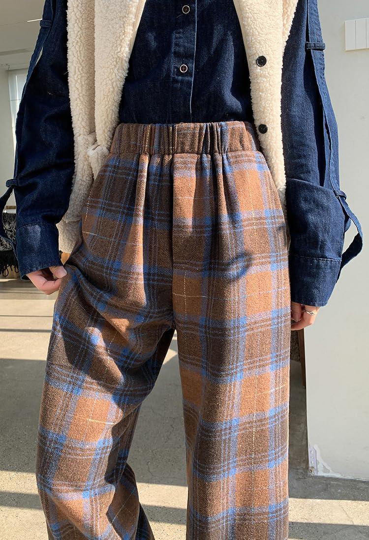 imagechouyatou Womens Fall Winter High Waist Wide Leg Plaid Office Work Wool Blend Palazzo Pants Trousers with PocketsBrown