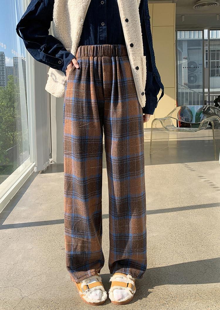 imagechouyatou Womens Fall Winter High Waist Wide Leg Plaid Office Work Wool Blend Palazzo Pants Trousers with PocketsBrown