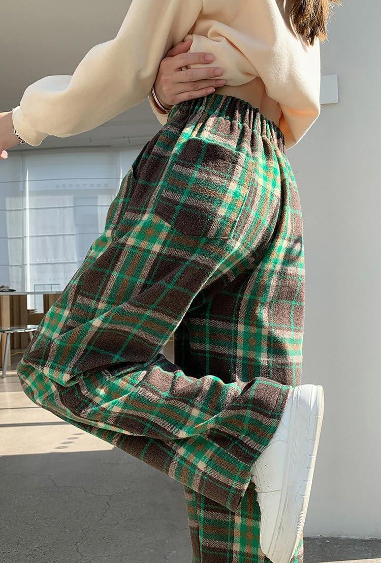 imagechouyatou Womens Fall Winter High Waist Wide Leg Plaid Office Work Wool Blend Palazzo Pants Trousers with PocketsGreen