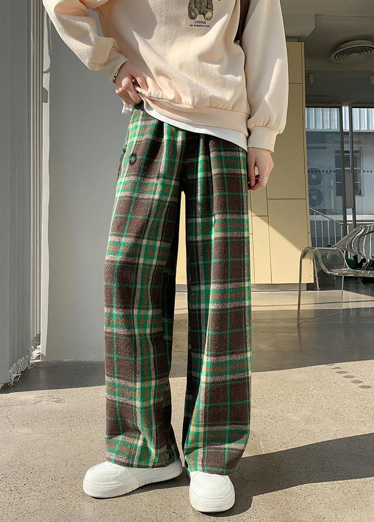 imagechouyatou Womens Fall Winter High Waist Wide Leg Plaid Office Work Wool Blend Palazzo Pants Trousers with PocketsGreen