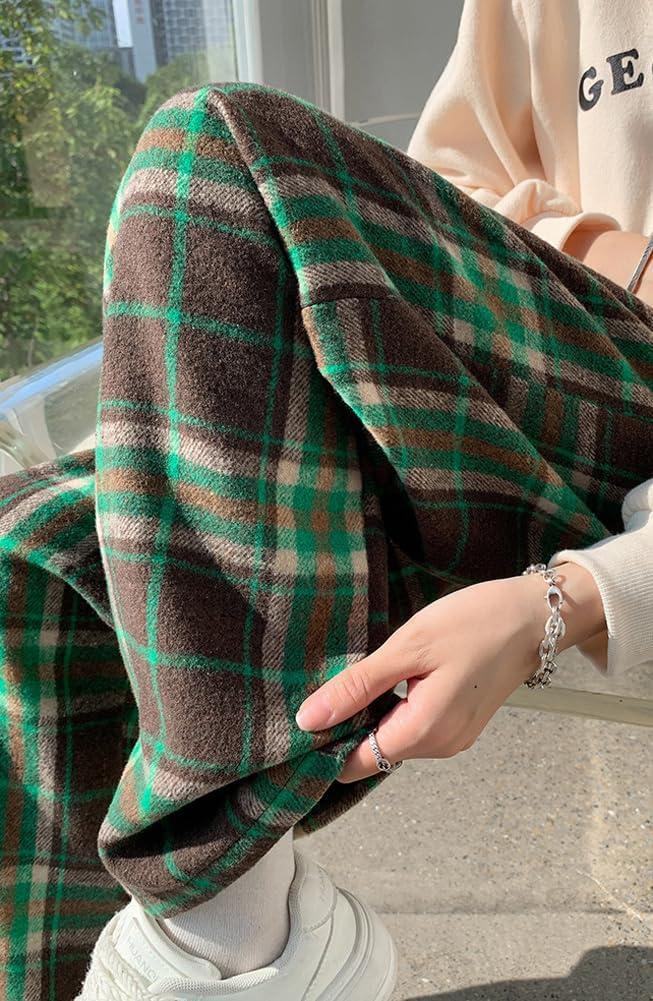 imagechouyatou Womens Fall Winter High Waist Wide Leg Plaid Office Work Wool Blend Palazzo Pants Trousers with PocketsGreen