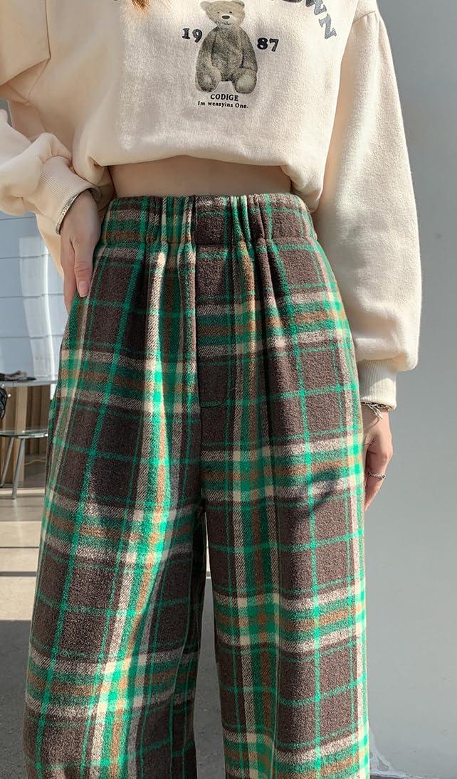 imagechouyatou Womens Fall Winter High Waist Wide Leg Plaid Office Work Wool Blend Palazzo Pants Trousers with PocketsGreen