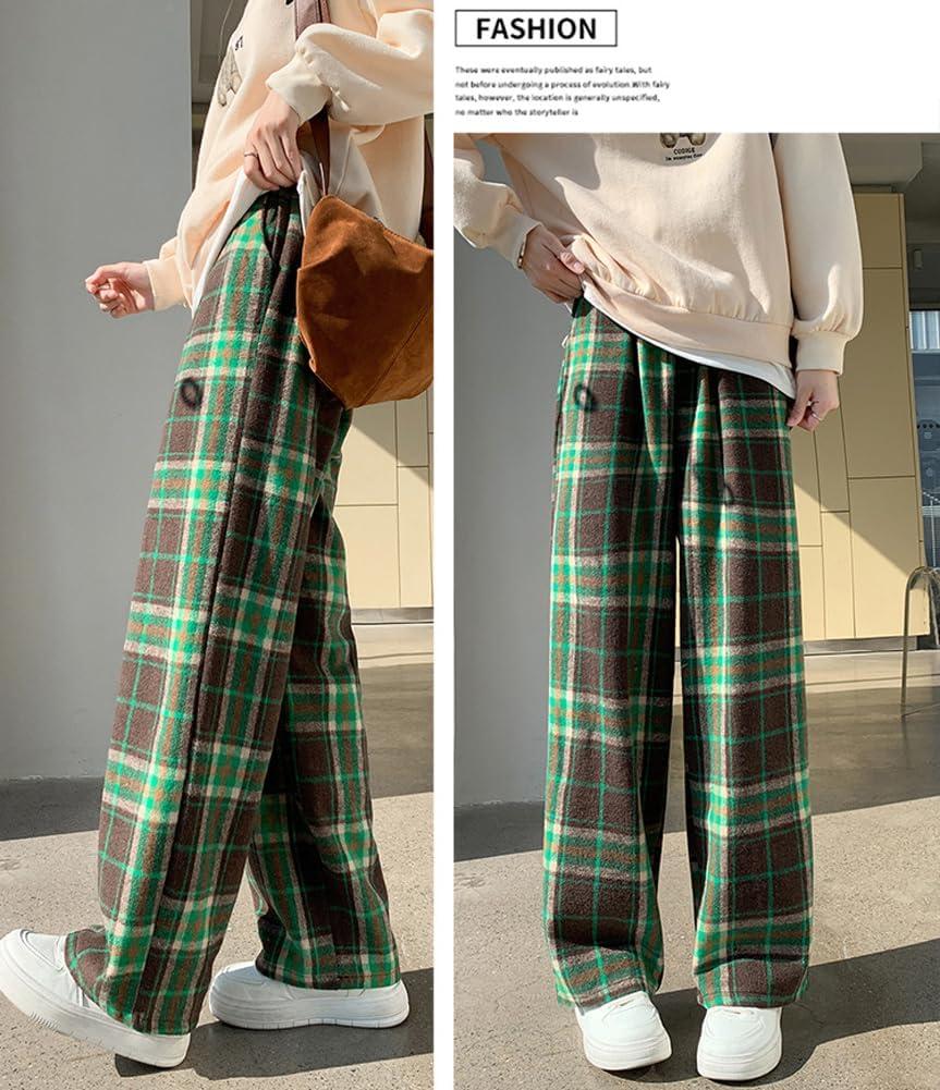 imagechouyatou Womens Fall Winter High Waist Wide Leg Plaid Office Work Wool Blend Palazzo Pants Trousers with PocketsGreen