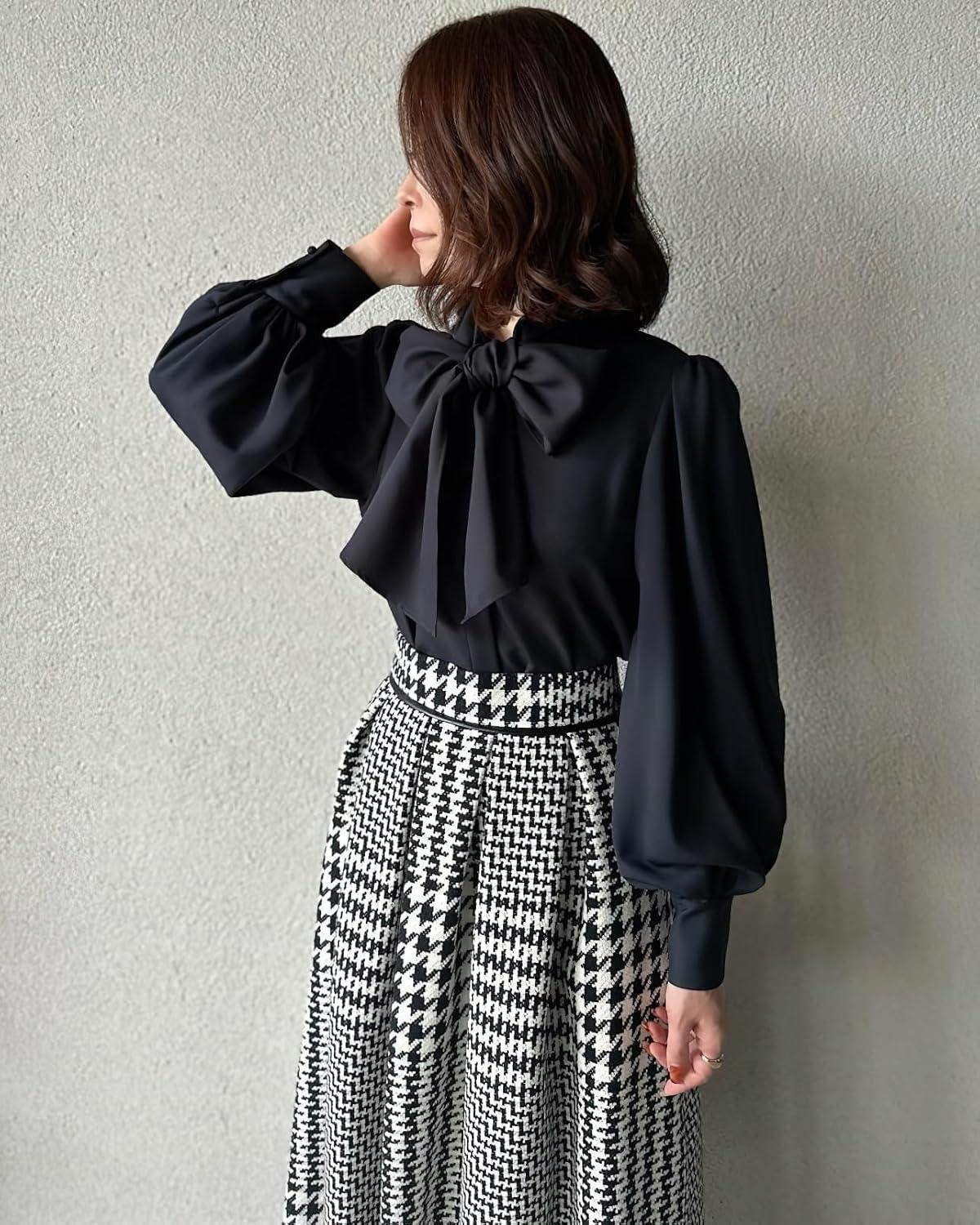 imagechouyatou Womens Fall Winter Houndstooth Tweed Wool Skirt Ruffle Zip Up Pleated Midi Skirt with PocketsBlack