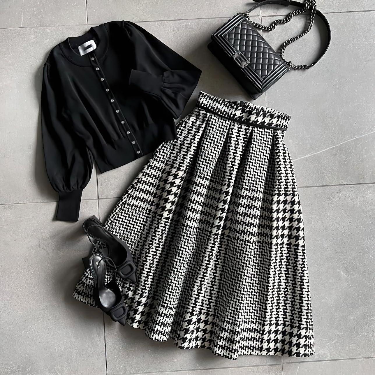 imagechouyatou Womens Fall Winter Houndstooth Tweed Wool Skirt Ruffle Zip Up Pleated Midi Skirt with PocketsBlack