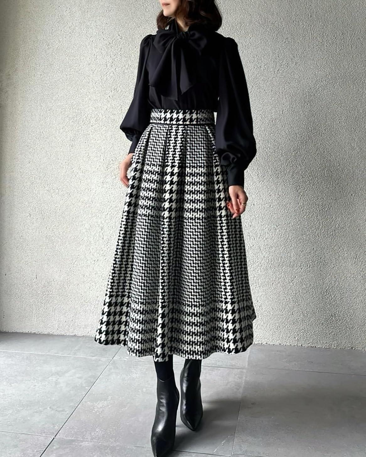 imagechouyatou Womens Fall Winter Houndstooth Tweed Wool Skirt Ruffle Zip Up Pleated Midi Skirt with PocketsBlack