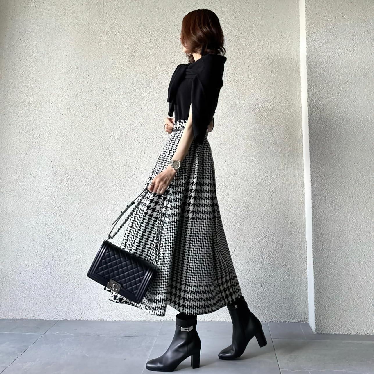 imagechouyatou Womens Fall Winter Houndstooth Tweed Wool Skirt Ruffle Zip Up Pleated Midi Skirt with PocketsBlack
