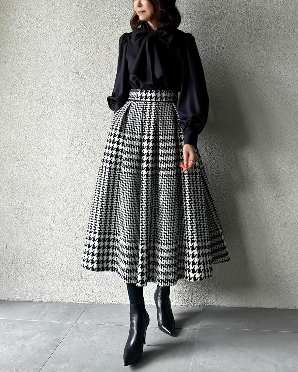 imagechouyatou Womens Fall Winter Houndstooth Tweed Wool Skirt Ruffle Zip Up Pleated Midi Skirt with PocketsBlack