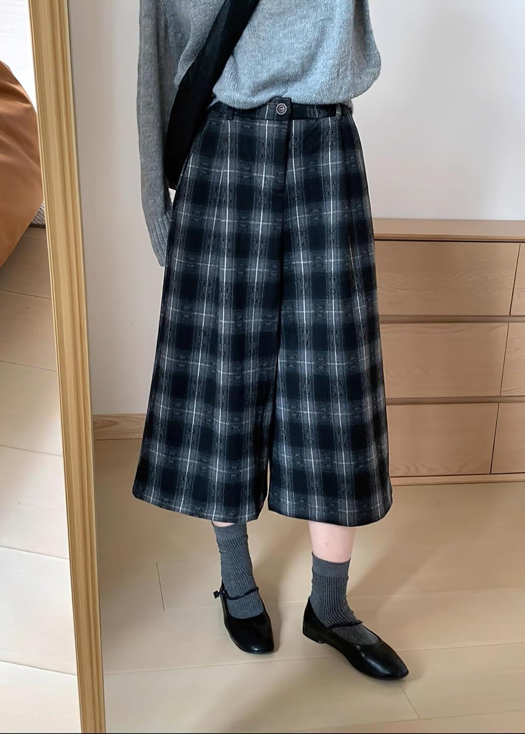 imagechouyatou Womens Fall Winter Plaid Wool Culottes Capri Cropped Pants Elastic Wide Leg Palazzo TrouserBlack