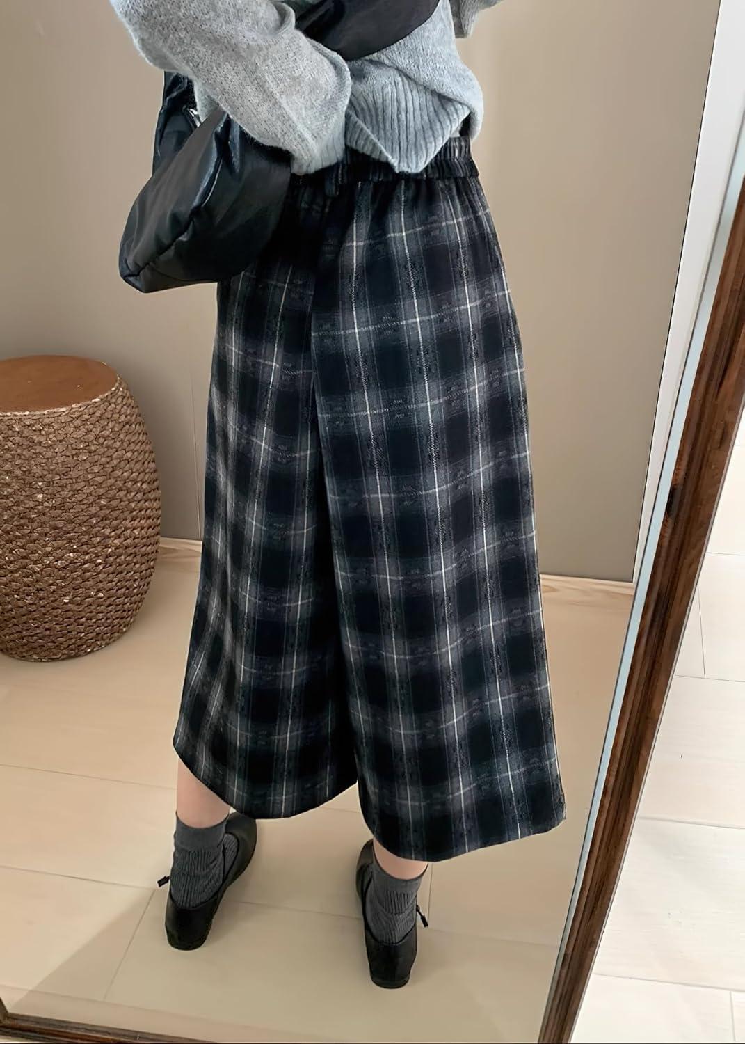 imagechouyatou Womens Fall Winter Plaid Wool Culottes Capri Cropped Pants Elastic Wide Leg Palazzo TrouserBlack