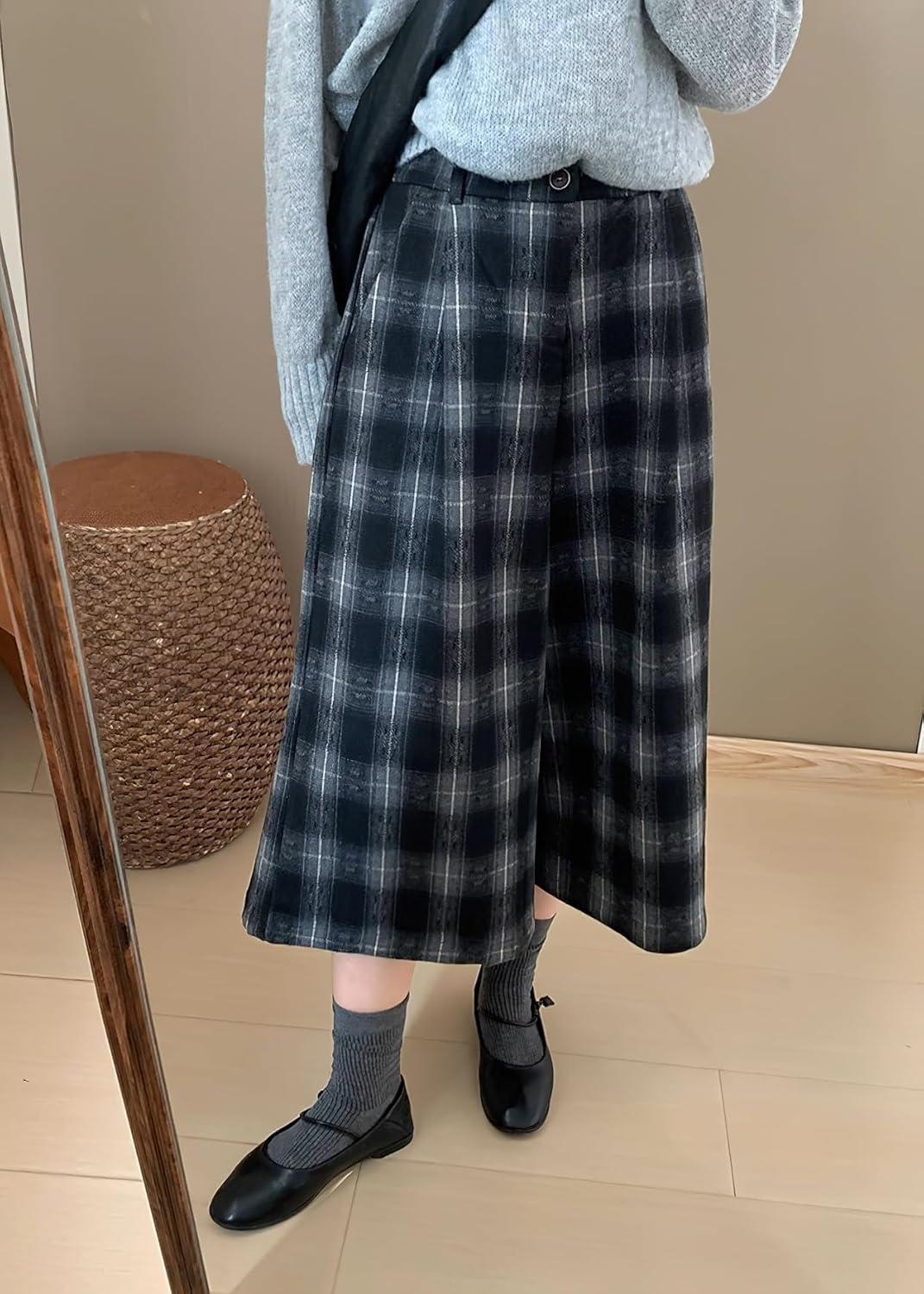 imagechouyatou Womens Fall Winter Plaid Wool Culottes Capri Cropped Pants Elastic Wide Leg Palazzo TrouserBlack