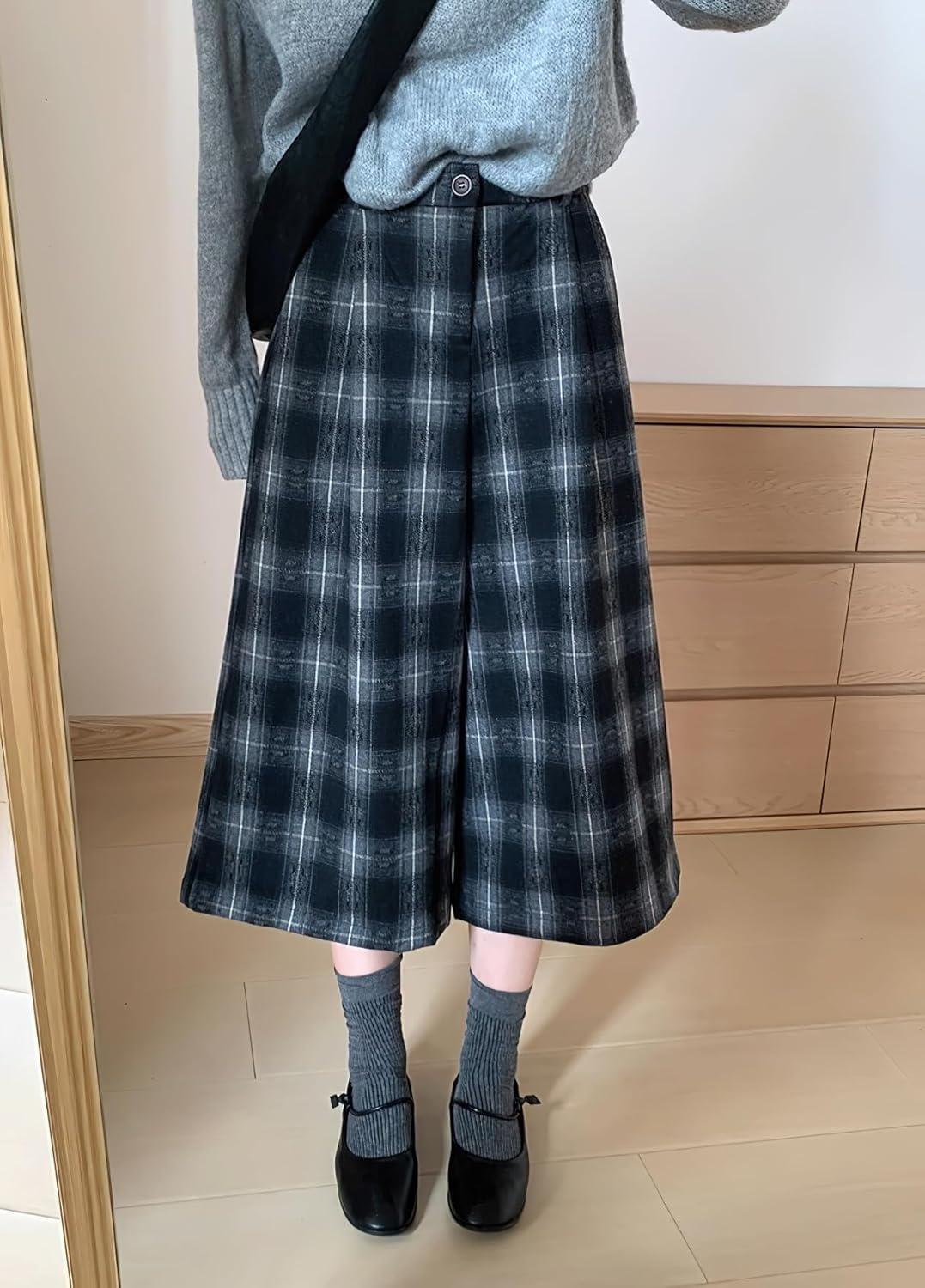 imagechouyatou Womens Fall Winter Plaid Wool Culottes Capri Cropped Pants Elastic Wide Leg Palazzo TrouserBlack