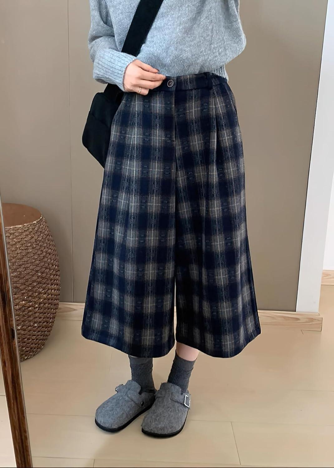 imagechouyatou Womens Fall Winter Plaid Wool Culottes Capri Cropped Pants Elastic Wide Leg Palazzo TrouserBlue