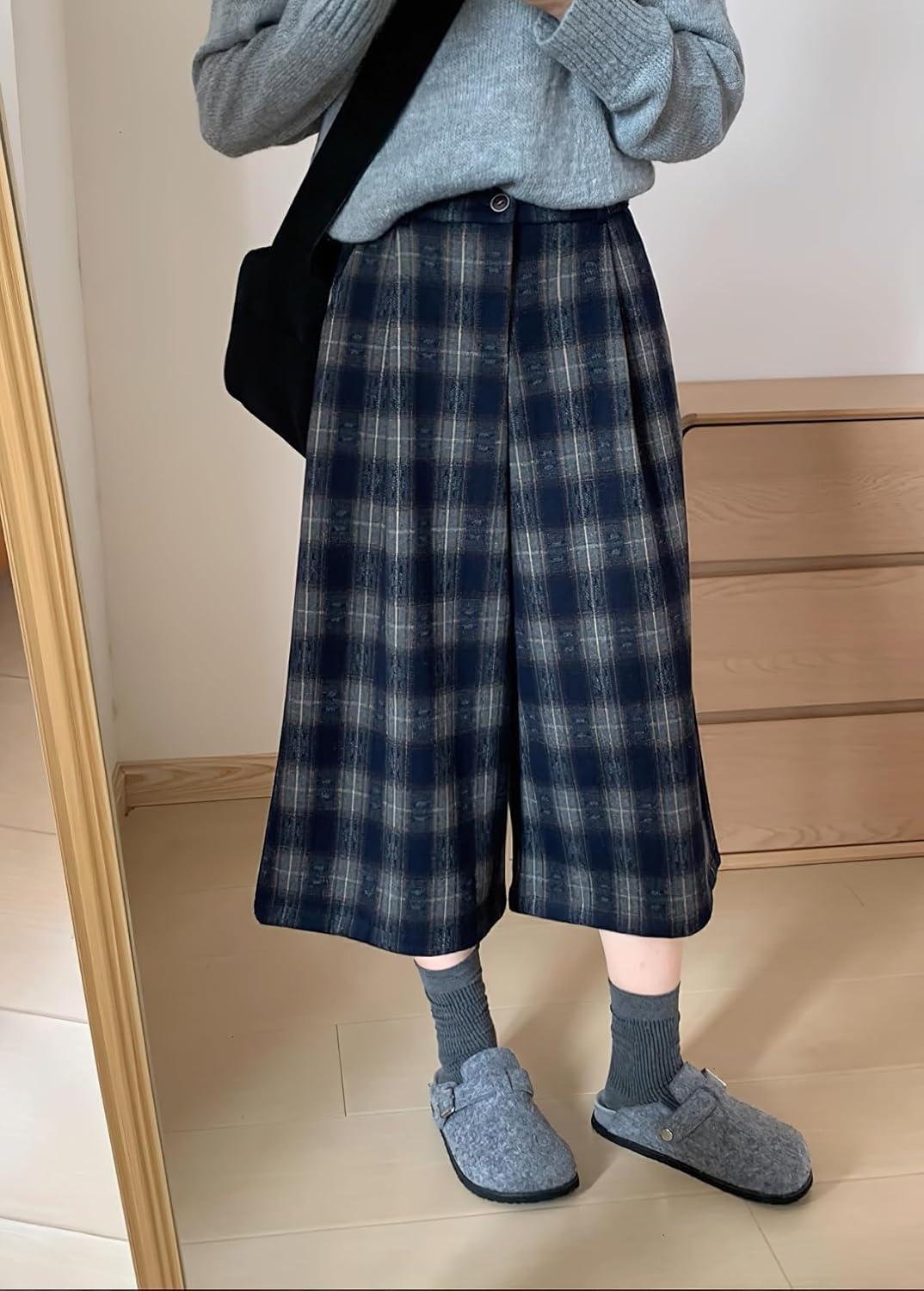 imagechouyatou Womens Fall Winter Plaid Wool Culottes Capri Cropped Pants Elastic Wide Leg Palazzo TrouserBlue