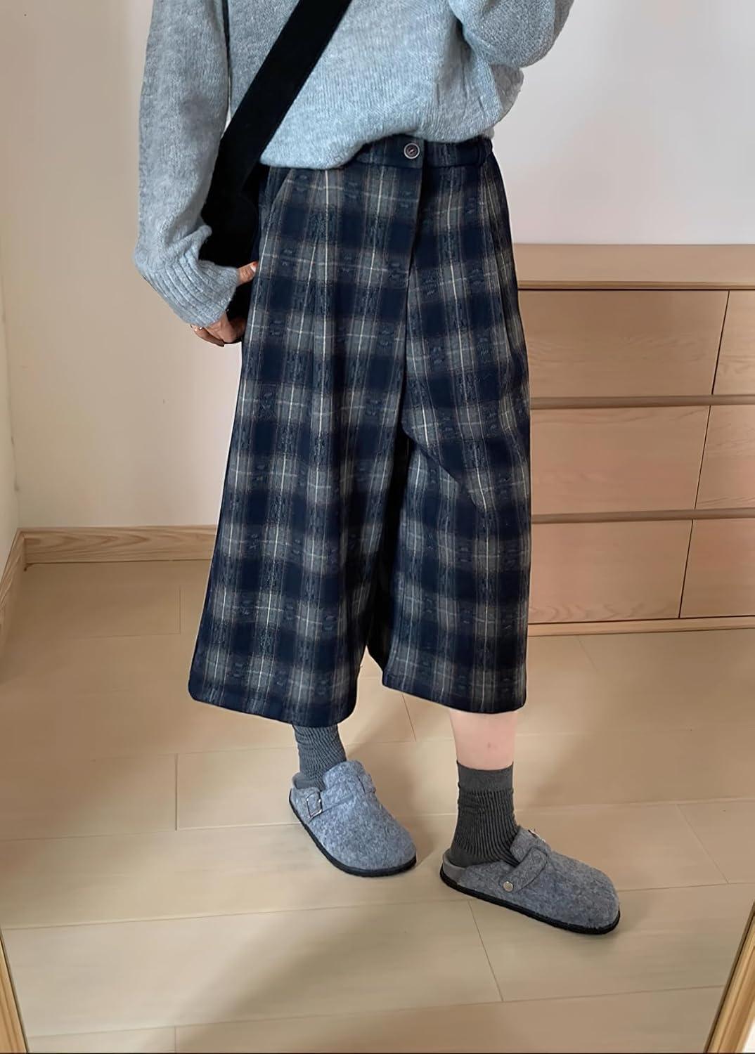 imagechouyatou Womens Fall Winter Plaid Wool Culottes Capri Cropped Pants Elastic Wide Leg Palazzo TrouserBlue