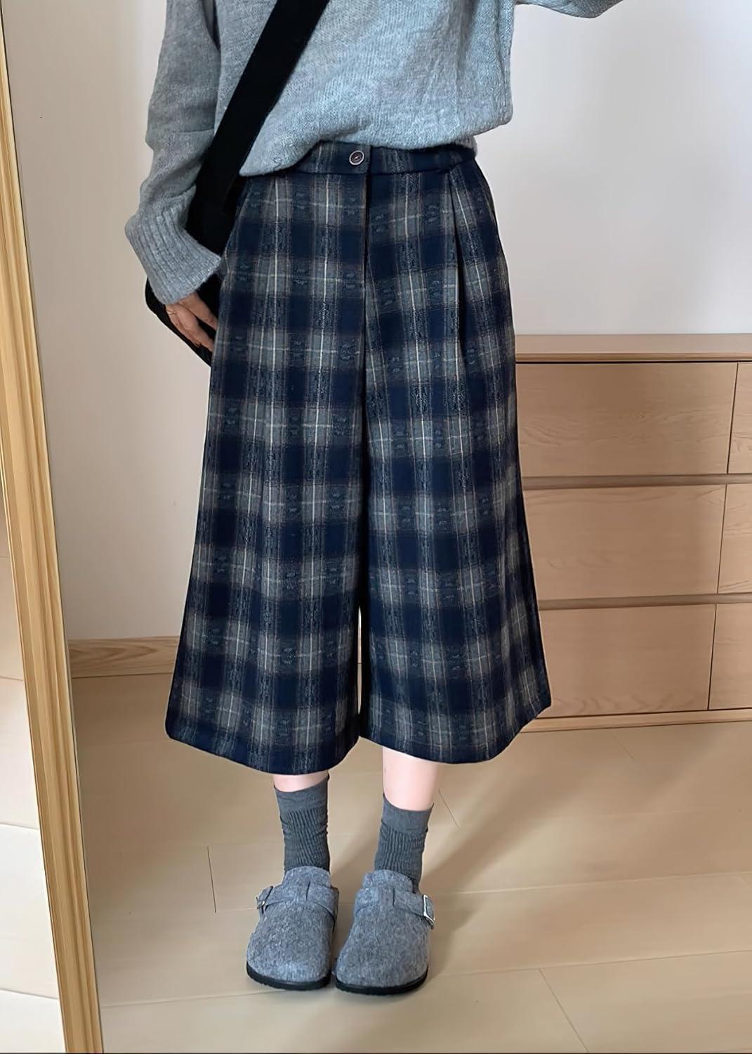 imagechouyatou Womens Fall Winter Plaid Wool Culottes Capri Cropped Pants Elastic Wide Leg Palazzo TrouserBlue