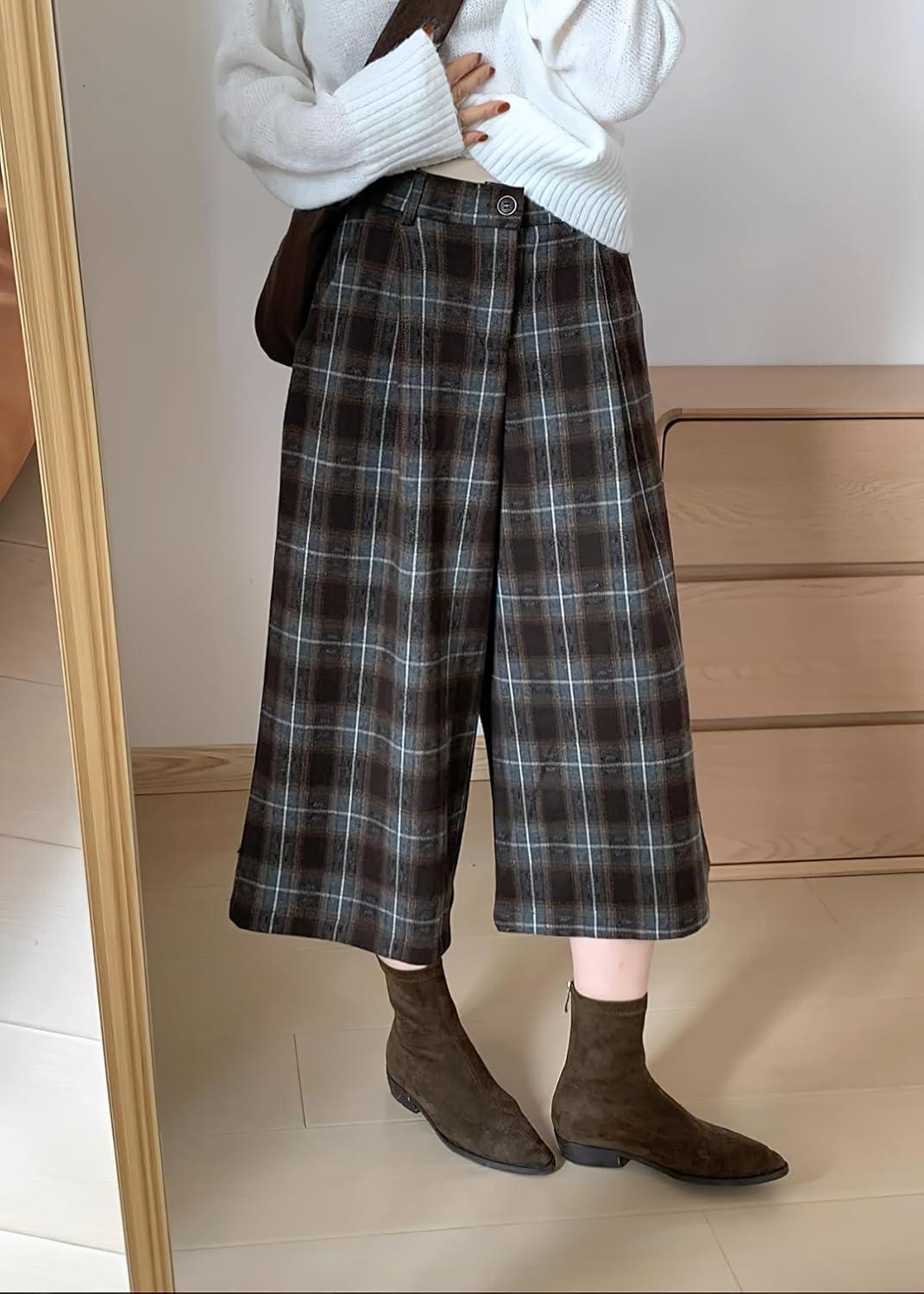 imagechouyatou Womens Fall Winter Plaid Wool Culottes Capri Cropped Pants Elastic Wide Leg Palazzo TrouserBrown