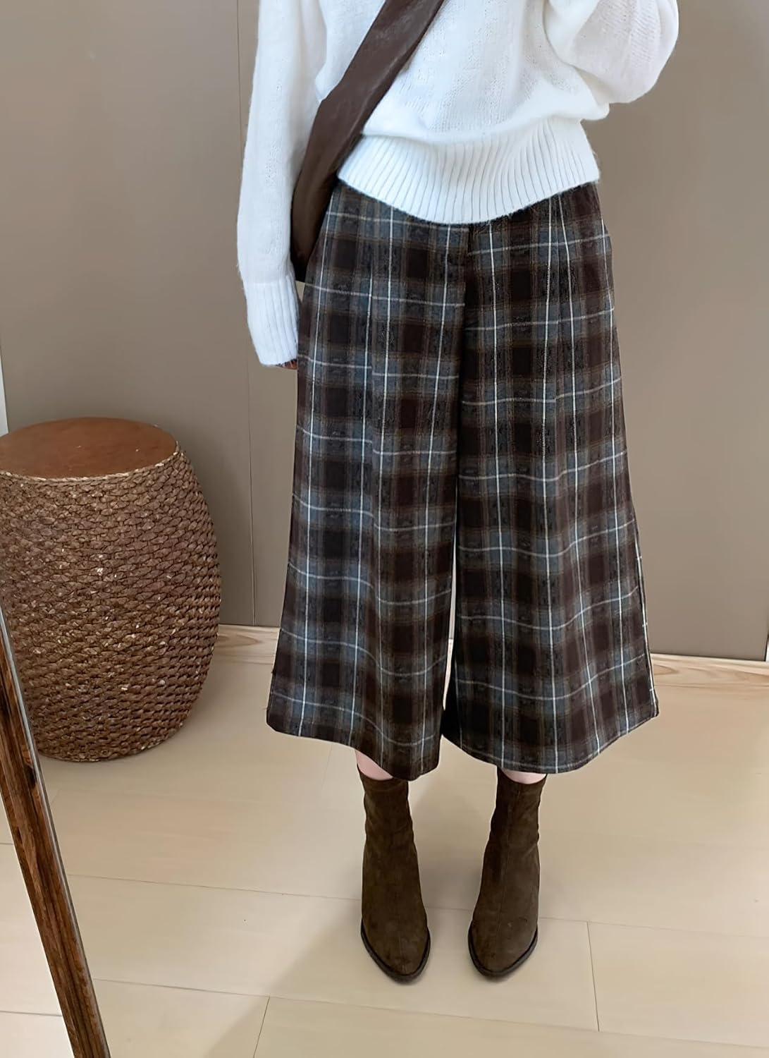 imagechouyatou Womens Fall Winter Plaid Wool Culottes Capri Cropped Pants Elastic Wide Leg Palazzo TrouserBrown