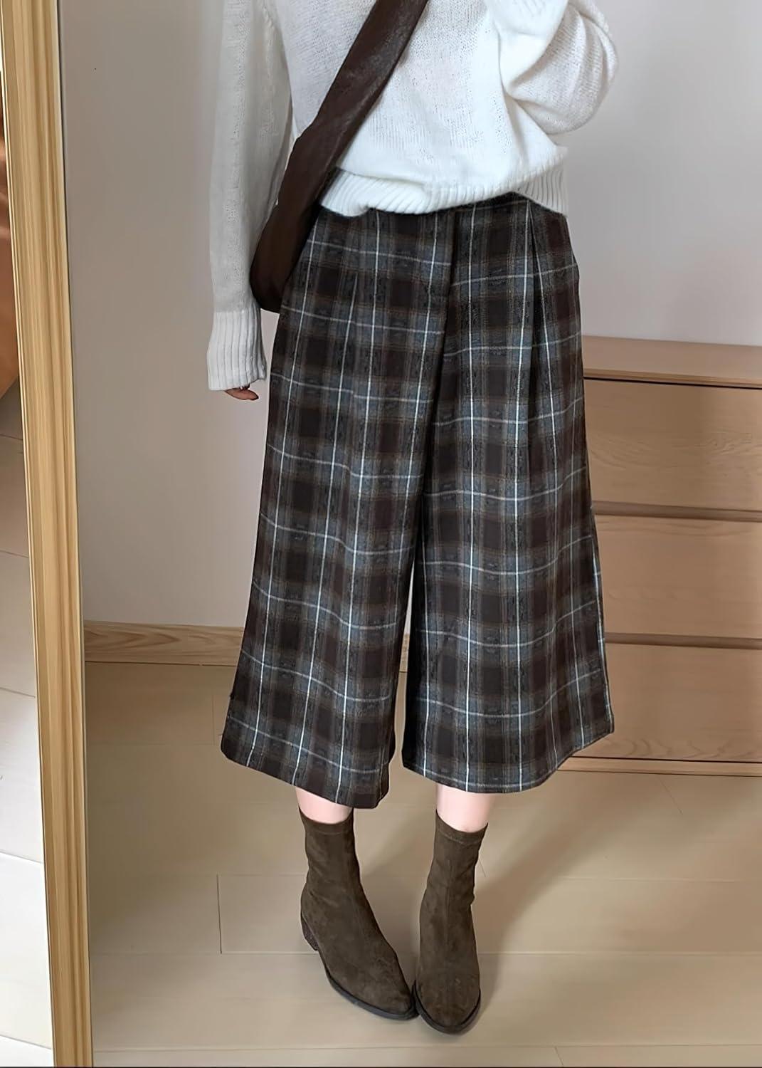 imagechouyatou Womens Fall Winter Plaid Wool Culottes Capri Cropped Pants Elastic Wide Leg Palazzo TrouserBrown