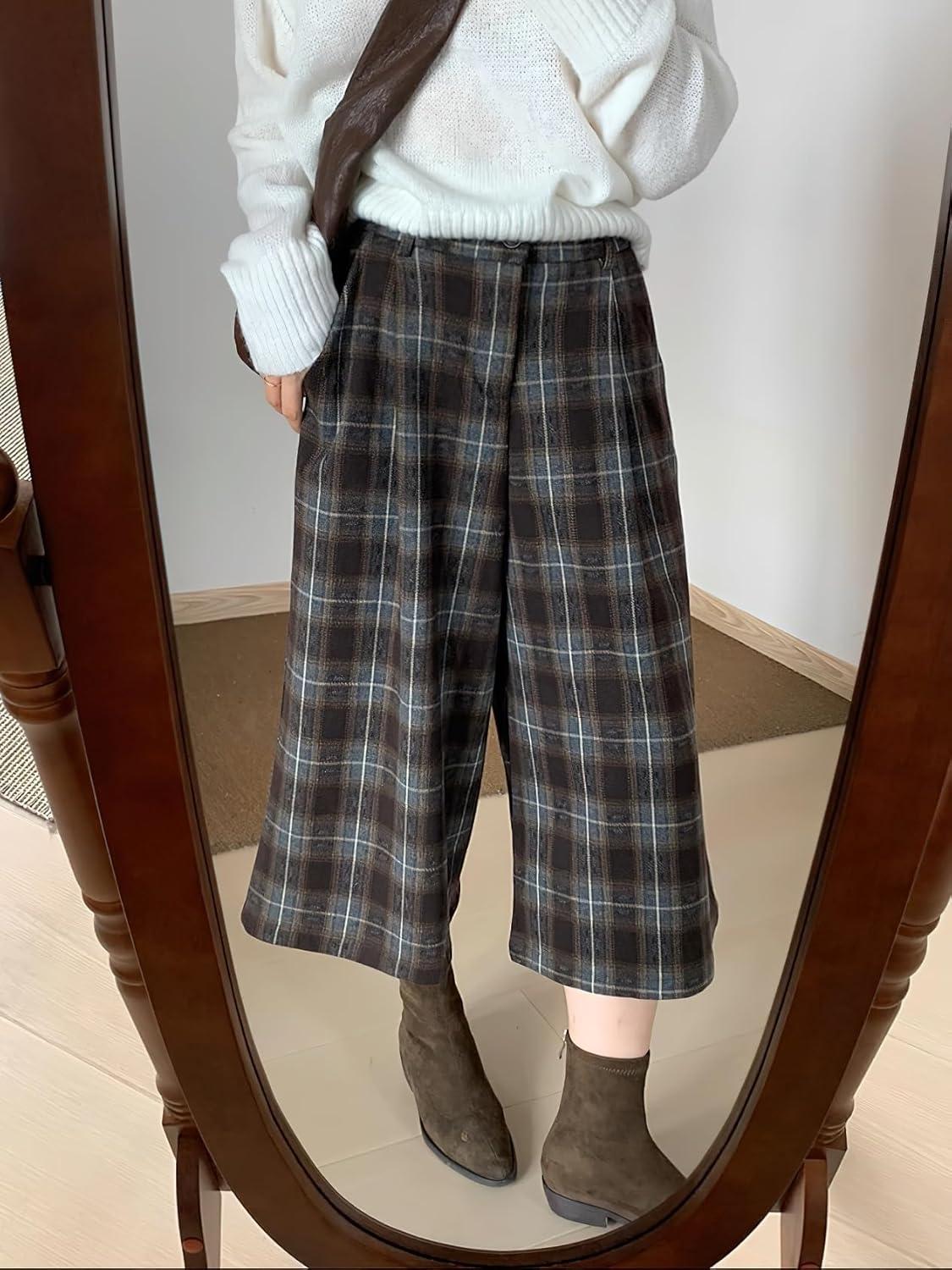 imagechouyatou Womens Fall Winter Plaid Wool Culottes Capri Cropped Pants Elastic Wide Leg Palazzo TrouserBrown