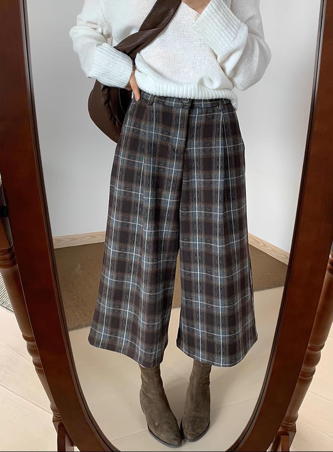 imagechouyatou Womens Fall Winter Plaid Wool Culottes Capri Cropped Pants Elastic Wide Leg Palazzo TrouserBrown