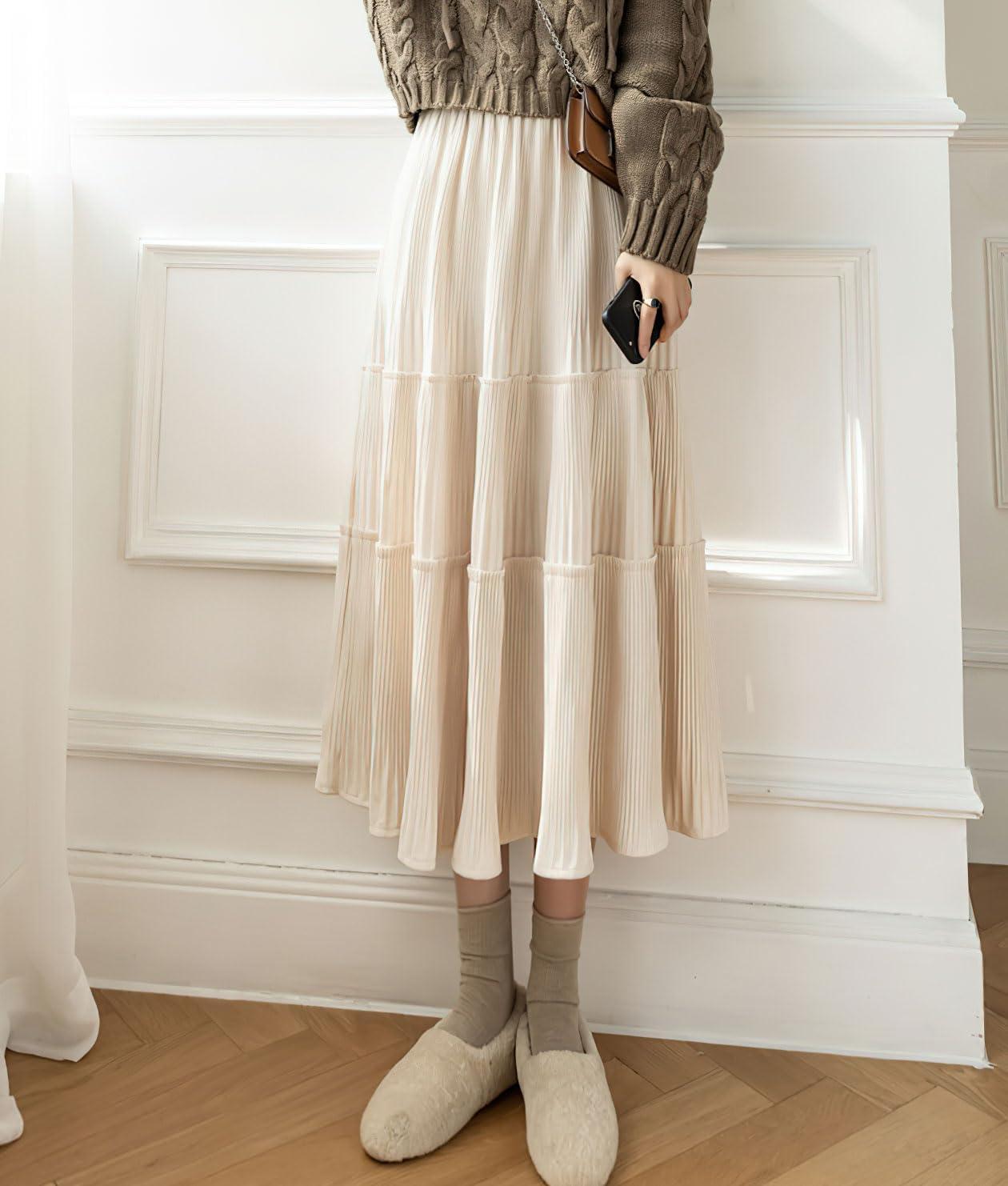 imagechouyatou Womens Fall Winter Velvet Ruffle Hem Skirt High Elastic Waist Pleated Swing Midi Long SkirtApricot