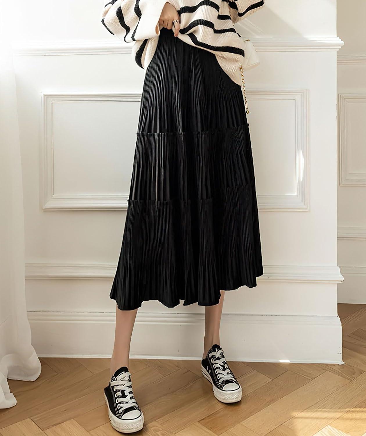 imagechouyatou Womens Fall Winter Velvet Ruffle Hem Skirt High Elastic Waist Pleated Swing Midi Long SkirtBlack