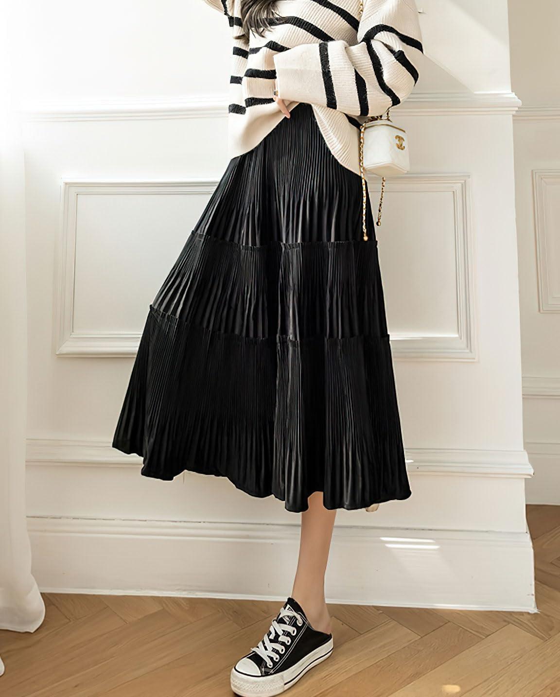 imagechouyatou Womens Fall Winter Velvet Ruffle Hem Skirt High Elastic Waist Pleated Swing Midi Long SkirtBlack