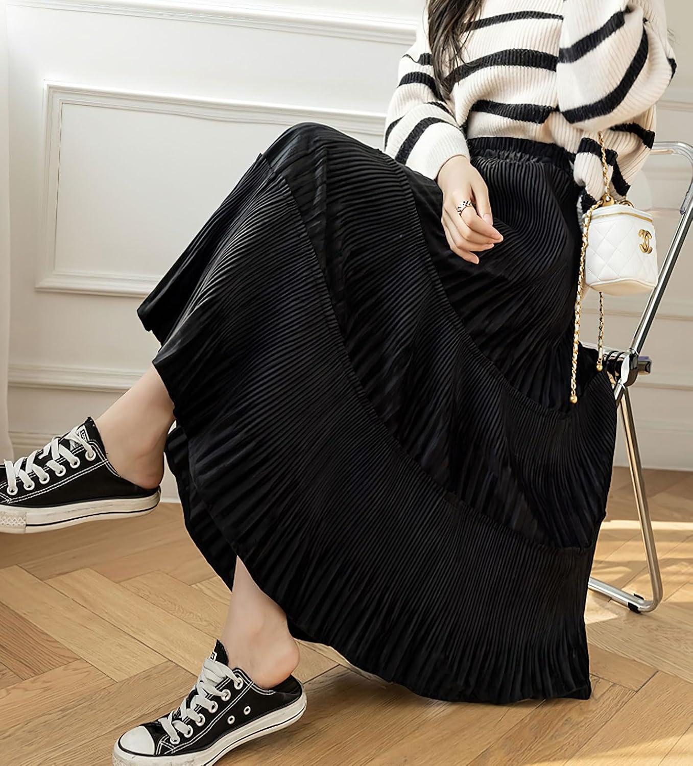 imagechouyatou Womens Fall Winter Velvet Ruffle Hem Skirt High Elastic Waist Pleated Swing Midi Long SkirtBlack