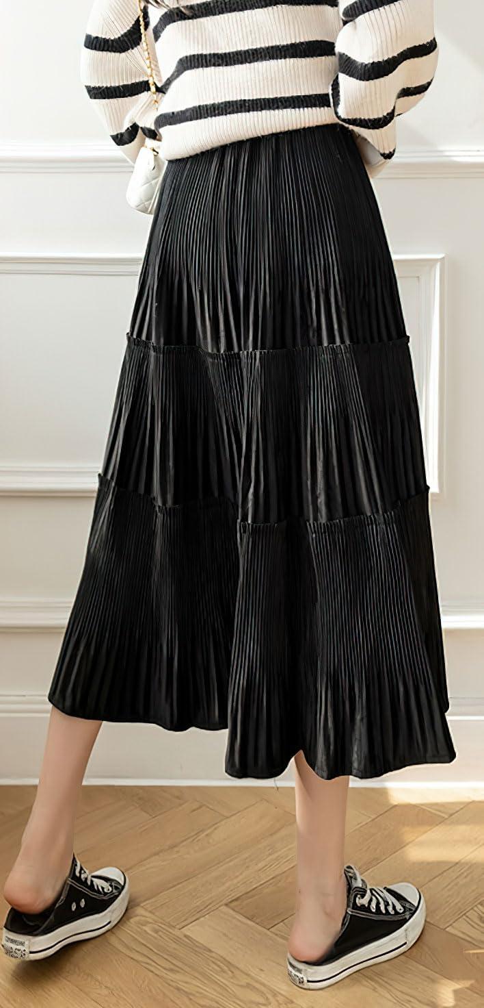 imagechouyatou Womens Fall Winter Velvet Ruffle Hem Skirt High Elastic Waist Pleated Swing Midi Long SkirtBlack
