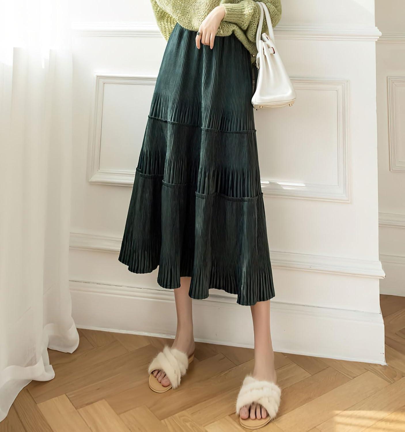 imagechouyatou Womens Fall Winter Velvet Ruffle Hem Skirt High Elastic Waist Pleated Swing Midi Long SkirtBlackish Green