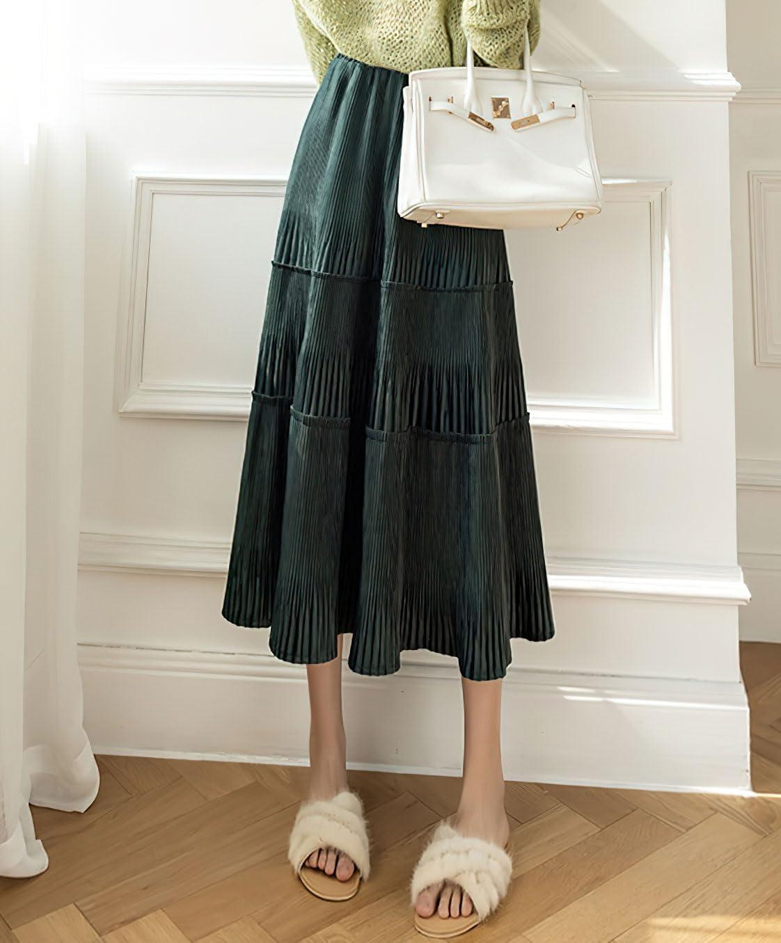 imagechouyatou Womens Fall Winter Velvet Ruffle Hem Skirt High Elastic Waist Pleated Swing Midi Long SkirtBlackish Green