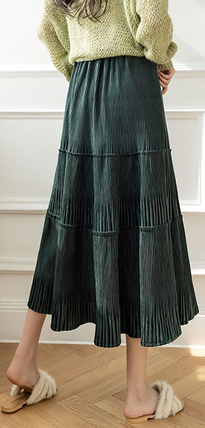 imagechouyatou Womens Fall Winter Velvet Ruffle Hem Skirt High Elastic Waist Pleated Swing Midi Long SkirtBlackish Green