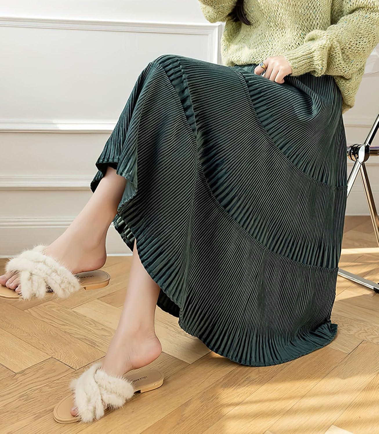 imagechouyatou Womens Fall Winter Velvet Ruffle Hem Skirt High Elastic Waist Pleated Swing Midi Long SkirtBlackish Green