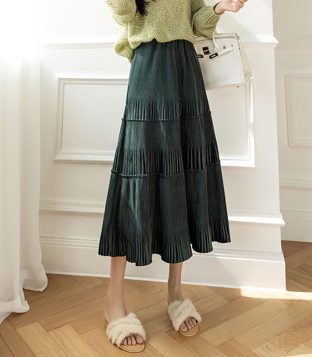 imagechouyatou Womens Fall Winter Velvet Ruffle Hem Skirt High Elastic Waist Pleated Swing Midi Long SkirtBlackish Green