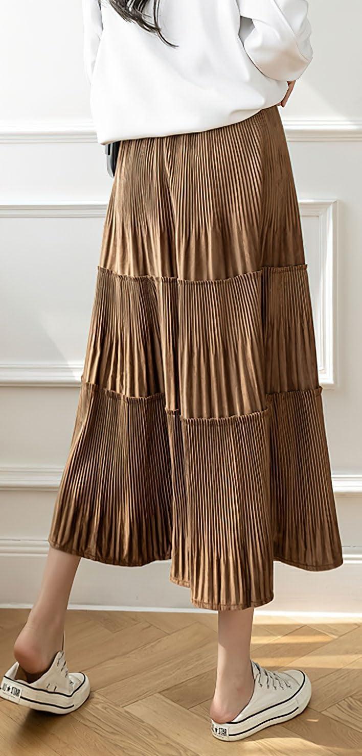 imagechouyatou Womens Fall Winter Velvet Ruffle Hem Skirt High Elastic Waist Pleated Swing Midi Long SkirtBrown