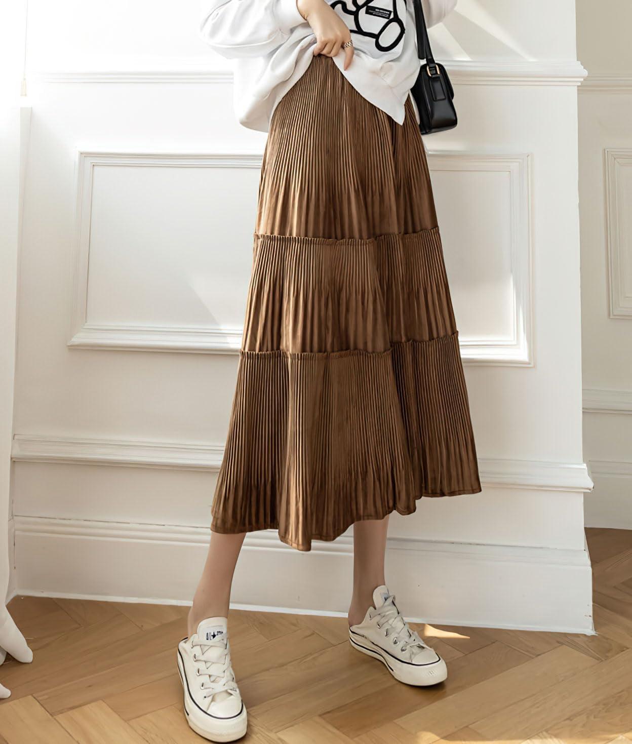 imagechouyatou Womens Fall Winter Velvet Ruffle Hem Skirt High Elastic Waist Pleated Swing Midi Long SkirtBrown