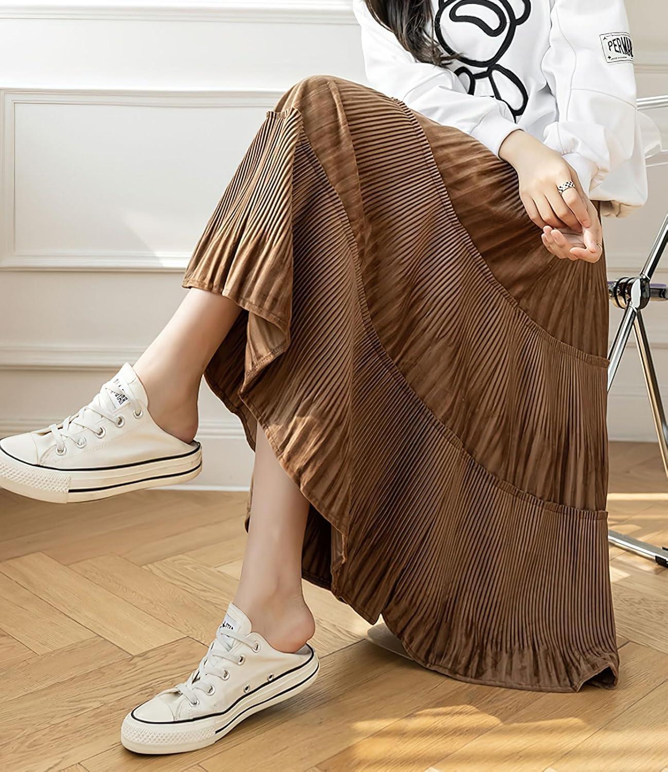 imagechouyatou Womens Fall Winter Velvet Ruffle Hem Skirt High Elastic Waist Pleated Swing Midi Long SkirtBrown