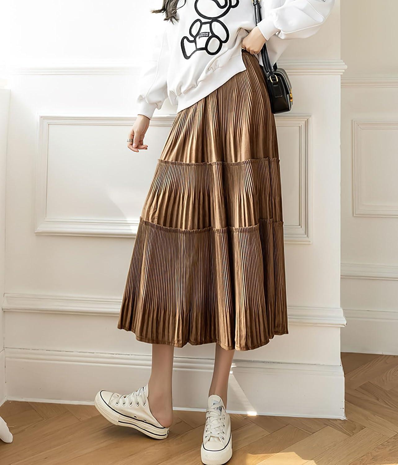 imagechouyatou Womens Fall Winter Velvet Ruffle Hem Skirt High Elastic Waist Pleated Swing Midi Long SkirtBrown