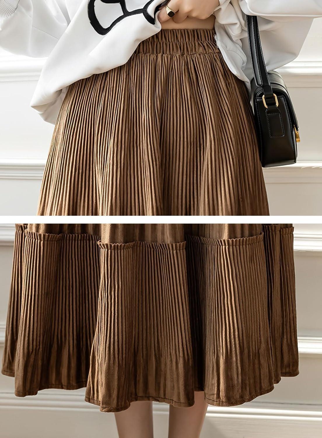 imagechouyatou Womens Fall Winter Velvet Ruffle Hem Skirt High Elastic Waist Pleated Swing Midi Long SkirtBrown
