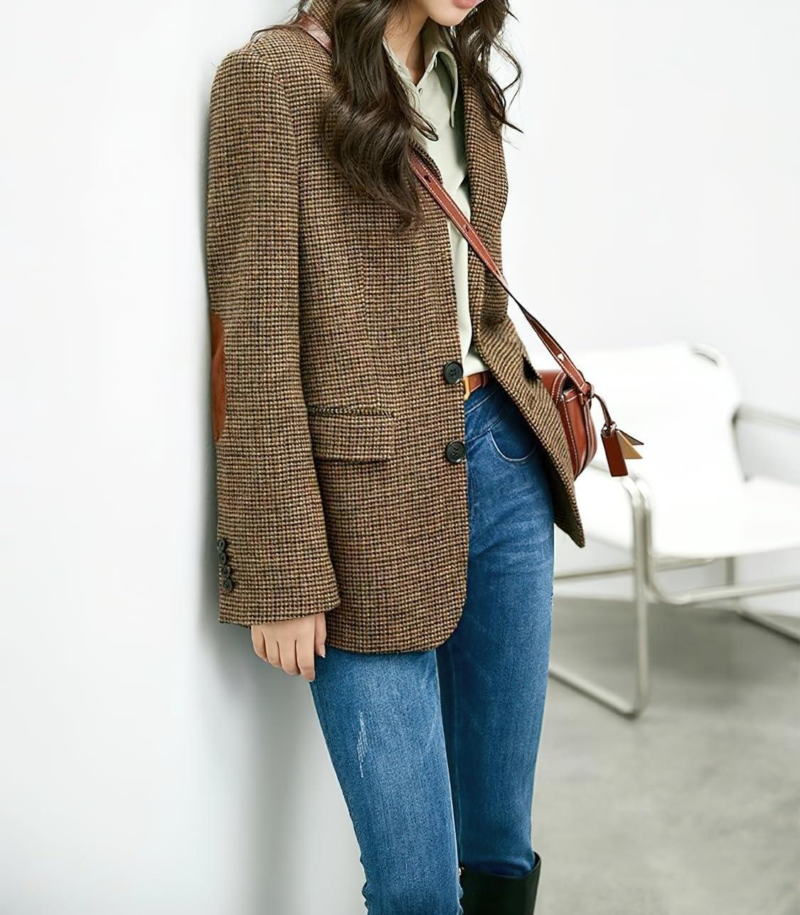 imagechouyatou Womens Fall Winter Wool Business Casual Blazer Jacket Single Breasted Plaid Dressy Work CoatBrown