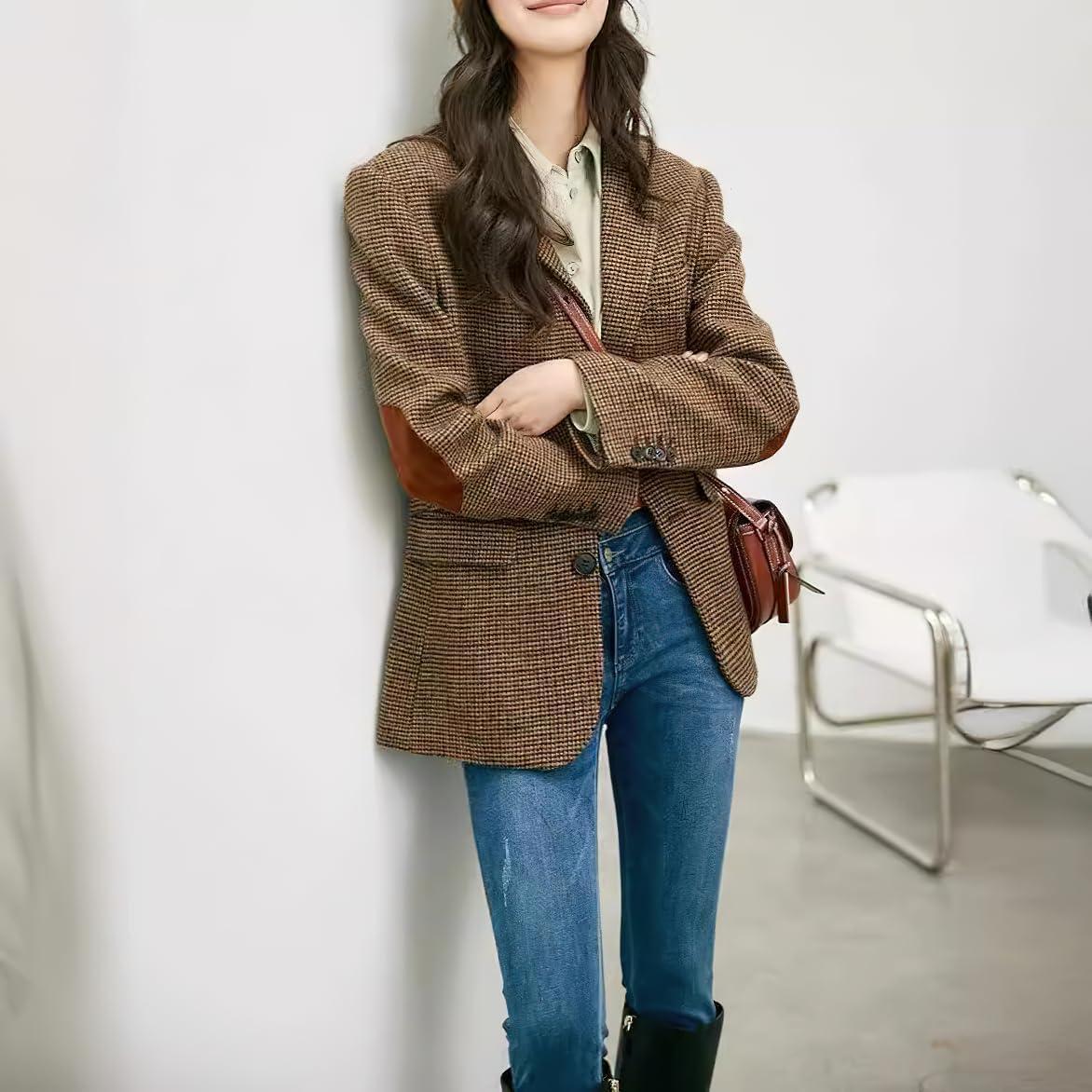 imagechouyatou Womens Fall Winter Wool Business Casual Blazer Jacket Single Breasted Plaid Dressy Work CoatBrown