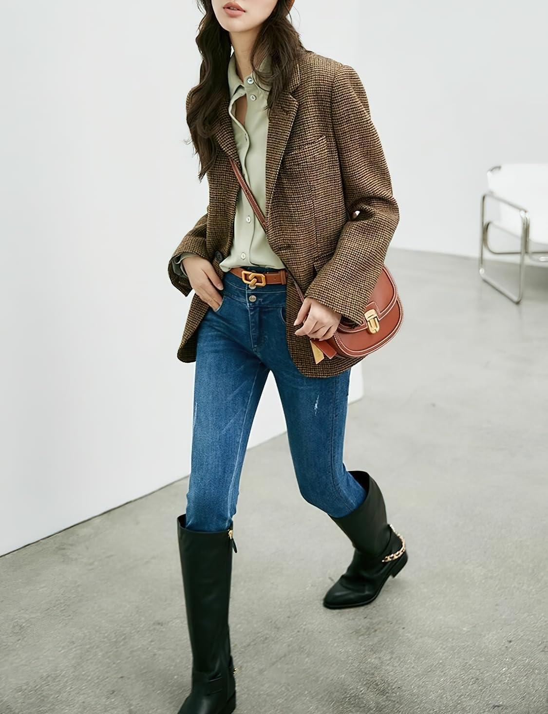 imagechouyatou Womens Fall Winter Wool Business Casual Blazer Jacket Single Breasted Plaid Dressy Work CoatBrown