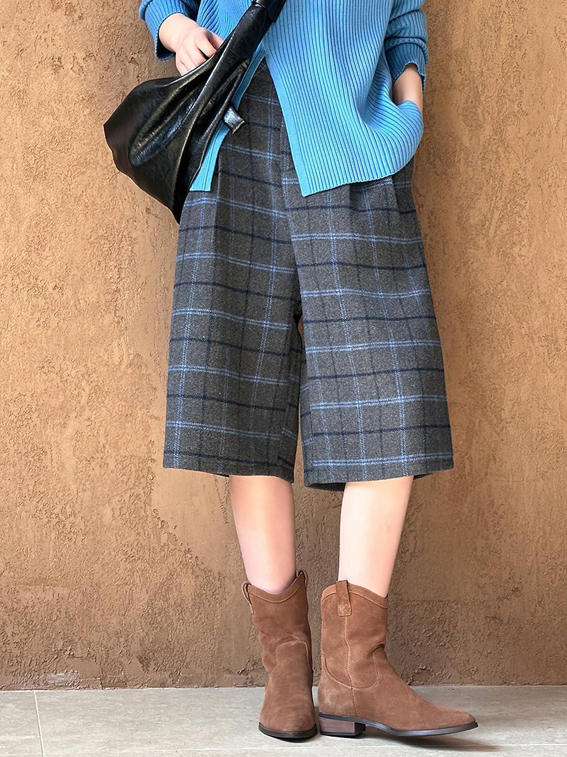 imagechouyatou Womens Fall Winter Wool Culottes Capri Cropped Pants Plaid High Waisted Loose Wide Leg PalazzoGrey