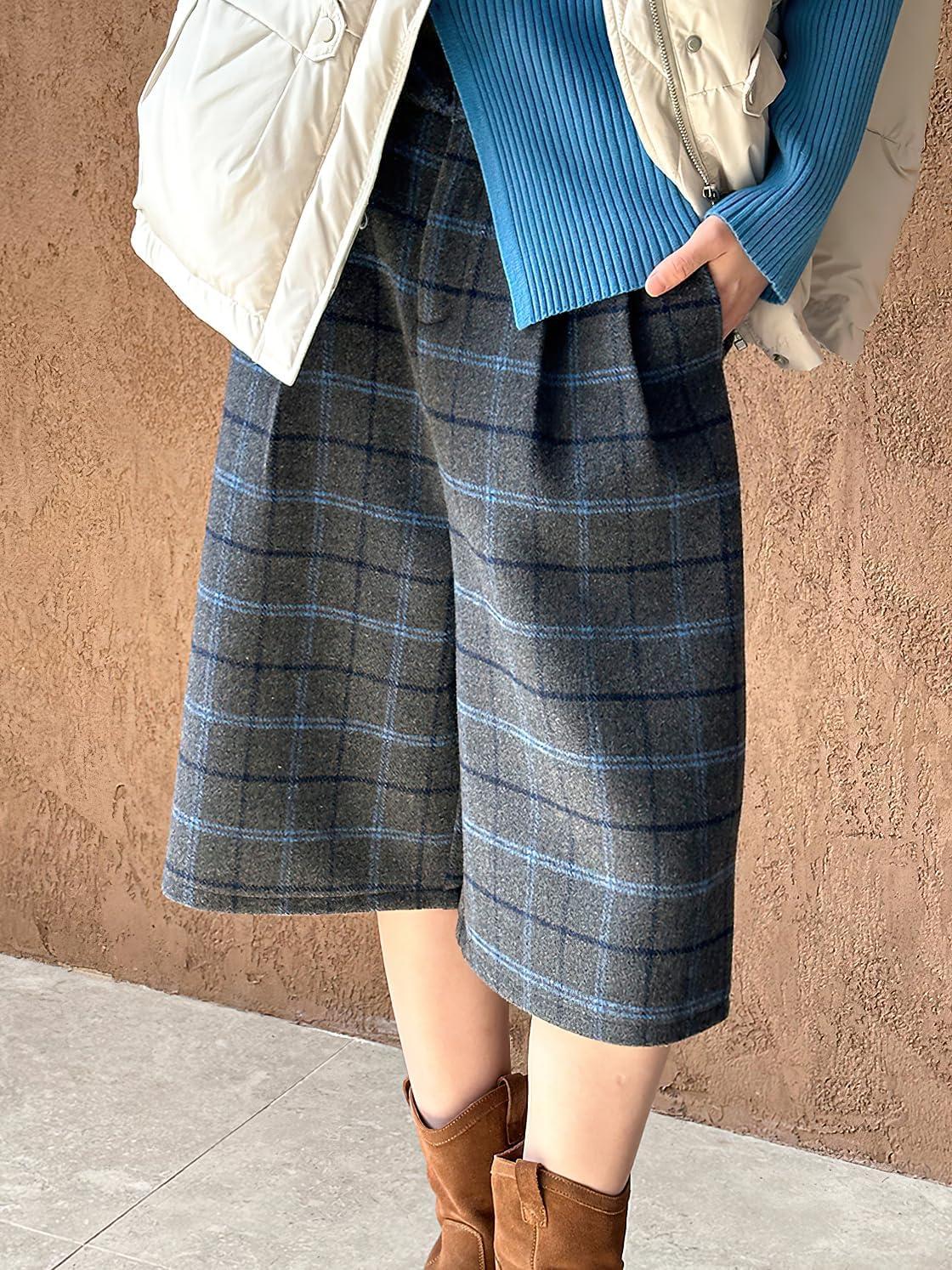 imagechouyatou Womens Fall Winter Wool Culottes Capri Cropped Pants Plaid High Waisted Loose Wide Leg PalazzoGrey