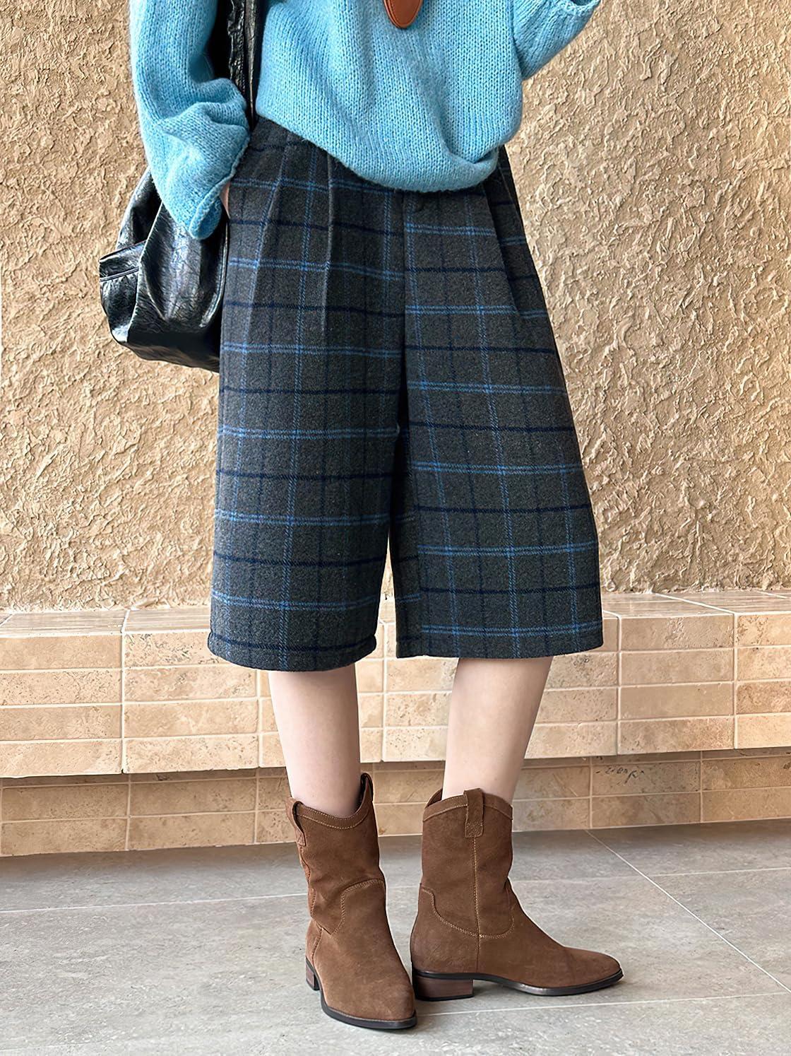 imagechouyatou Womens Fall Winter Wool Culottes Capri Cropped Pants Plaid High Waisted Loose Wide Leg PalazzoGrey