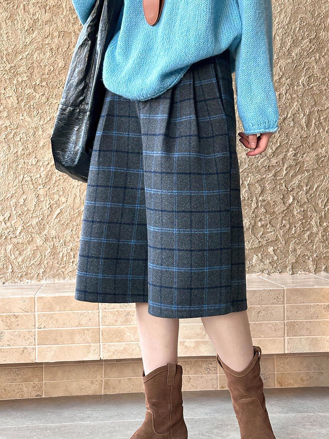 imagechouyatou Womens Fall Winter Wool Culottes Capri Cropped Pants Plaid High Waisted Loose Wide Leg PalazzoGrey