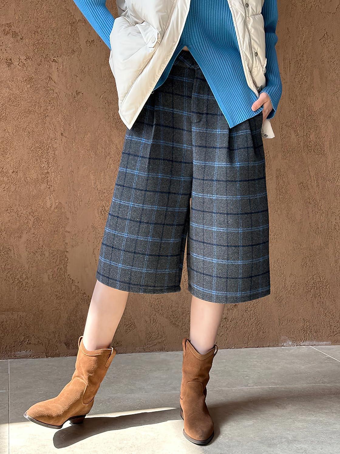 imagechouyatou Womens Fall Winter Wool Culottes Capri Cropped Pants Plaid High Waisted Loose Wide Leg PalazzoGrey